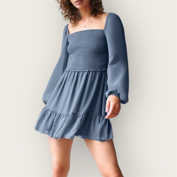 Wilfred Dresses & Skirts - WILFRED | Aritzia Tempest Dress square neck long sleeve tiered chiffon blue XS